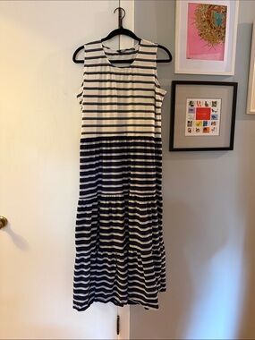 Lands' End Navy and White Striped Sleeveless Tiered Maxi Dress